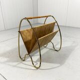 Porte-revues en laiton et rotin des années 1950