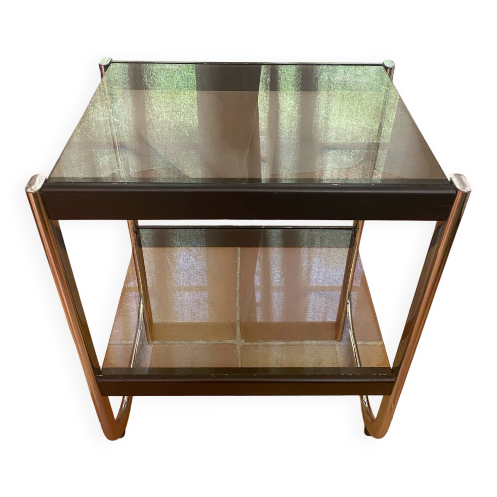 Serving trolley, side table, chrome metal and smoked glass, 1970s