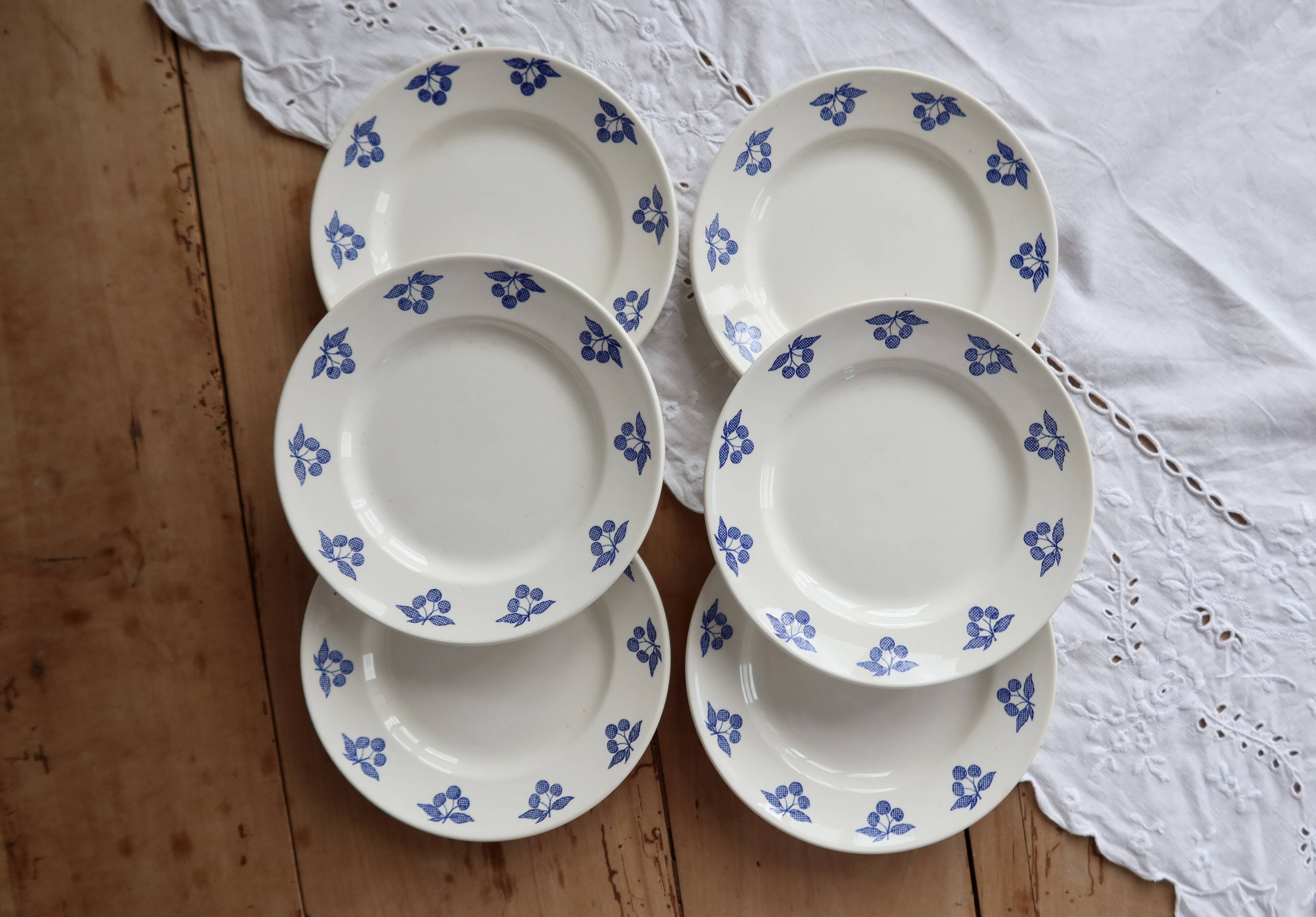 6 vintage white earthenware dessert plates - Blue cherry design