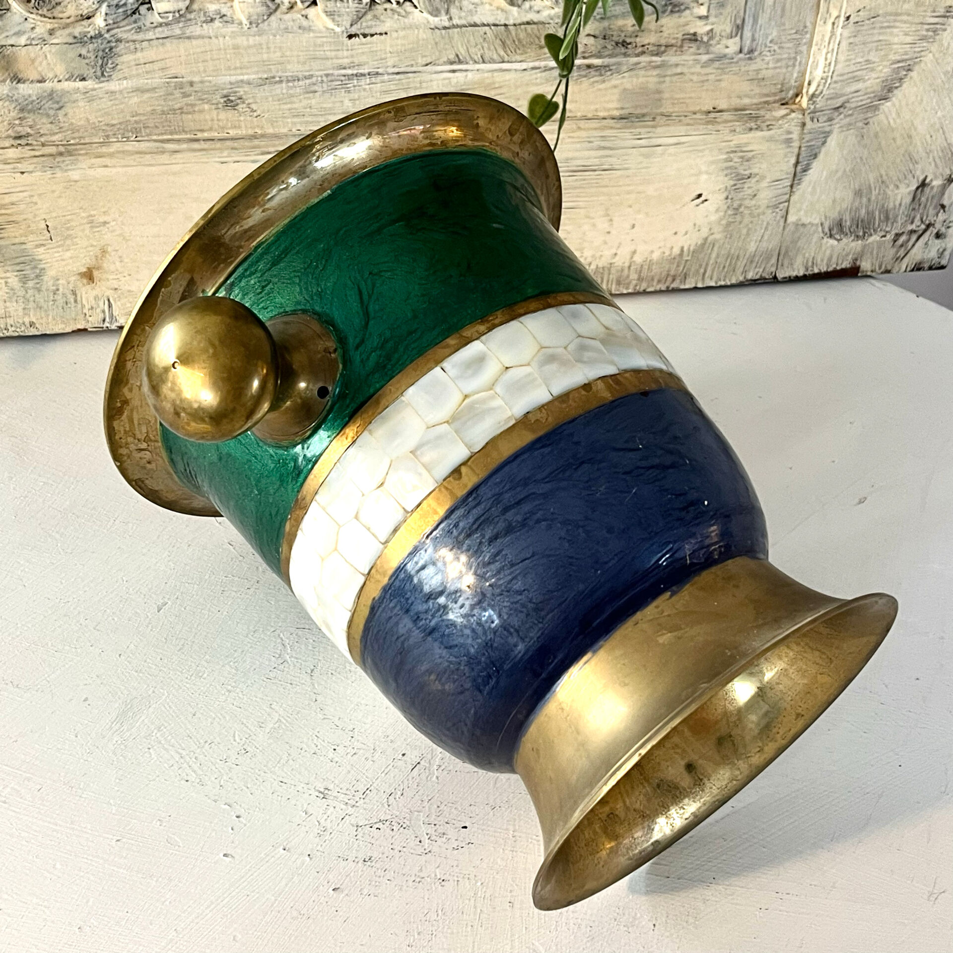 French Cloisonne cooler, Vintage Shell Inlay Barware Enamel Ice Bucket