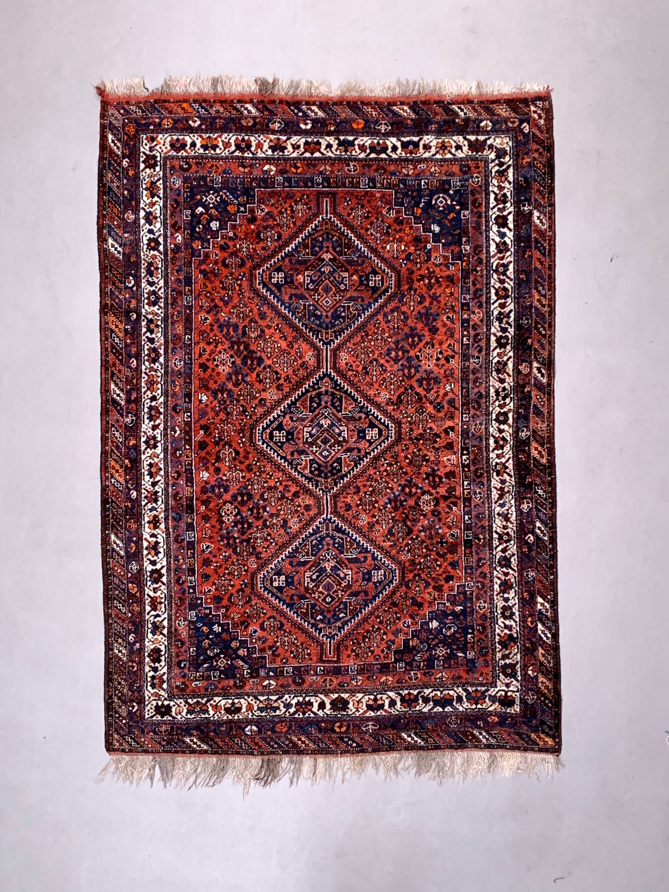 Antique tribal rug 320x220 cm wool oriental hand made carpet red, brown, blue