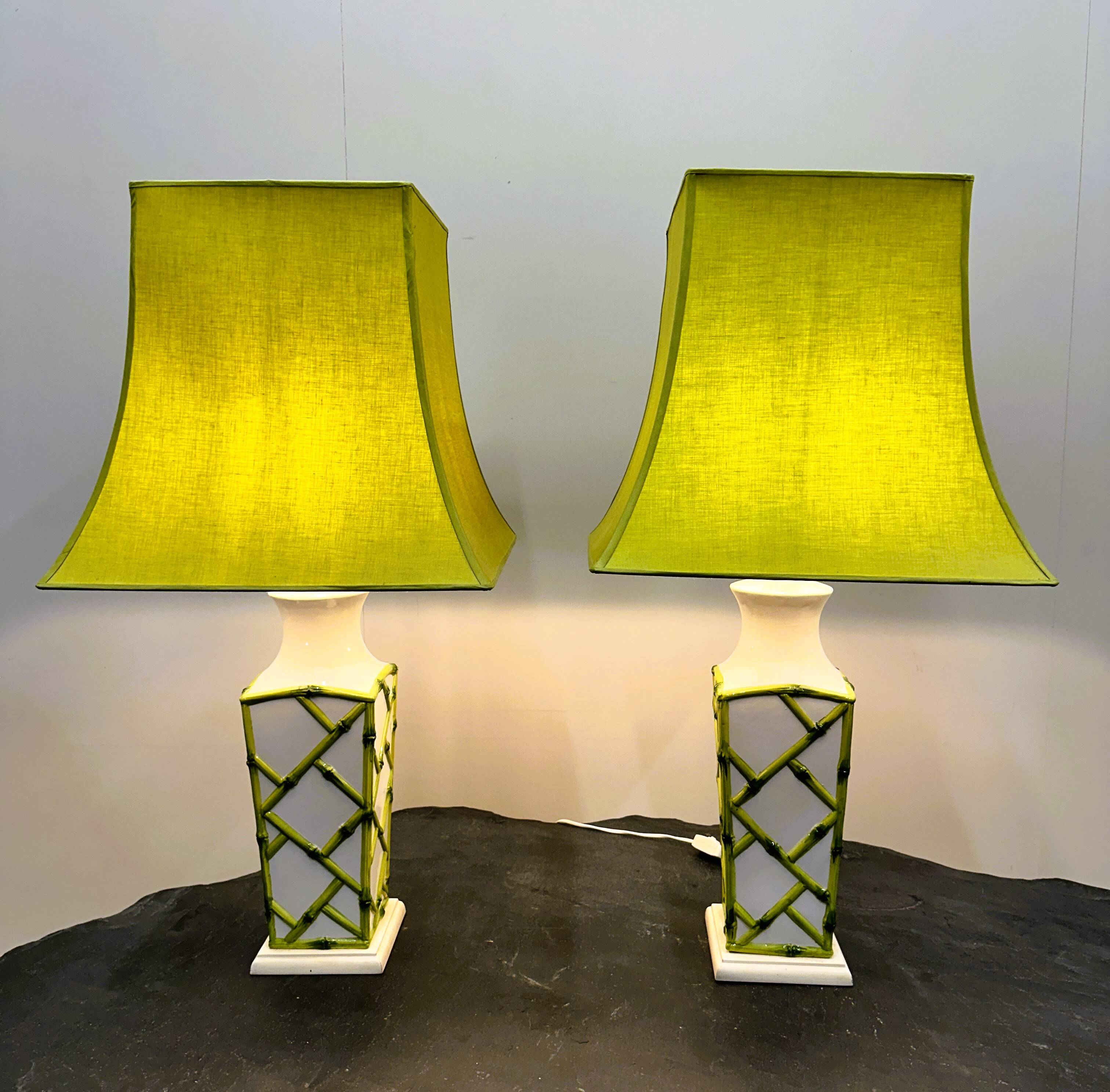 Pair of Faux Bamboo French Ceramic Table Lamps, French 1970s