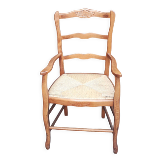 Ancienne chaise à accoudoir - fauteuil bois et paillage