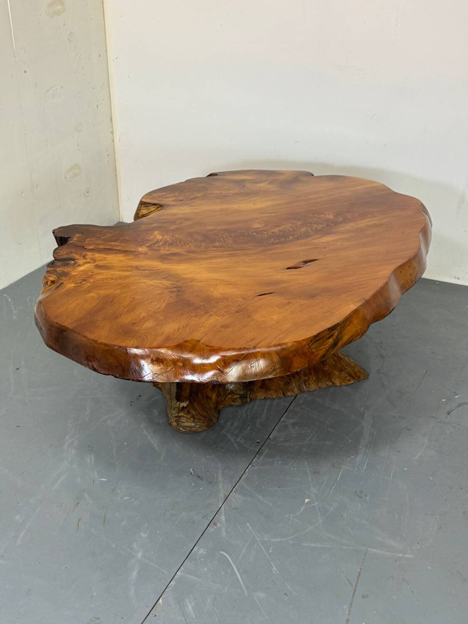 Brutalist Wabi Sabi mid-century coffee table made of natural biological burl wood.