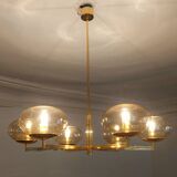 6-light chandelier by Italian designer Gaetano Sciolari gilded with fine gold and iridescent and light amber glass - 1970s - Vintage