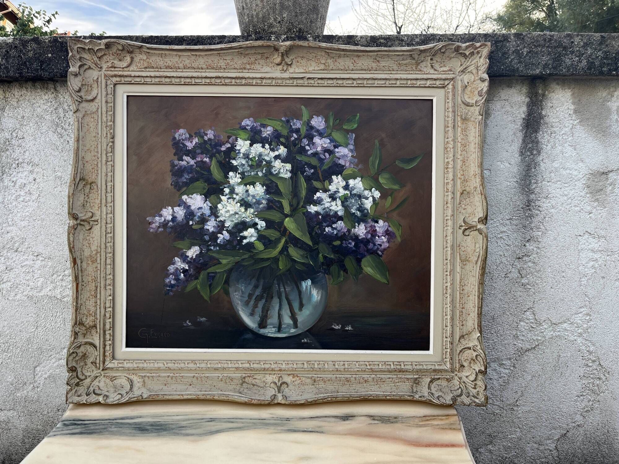 Painting signed G. Evrard – Bouquet of lilacs in a vase