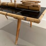 Table basse porte plante en rotin vintage