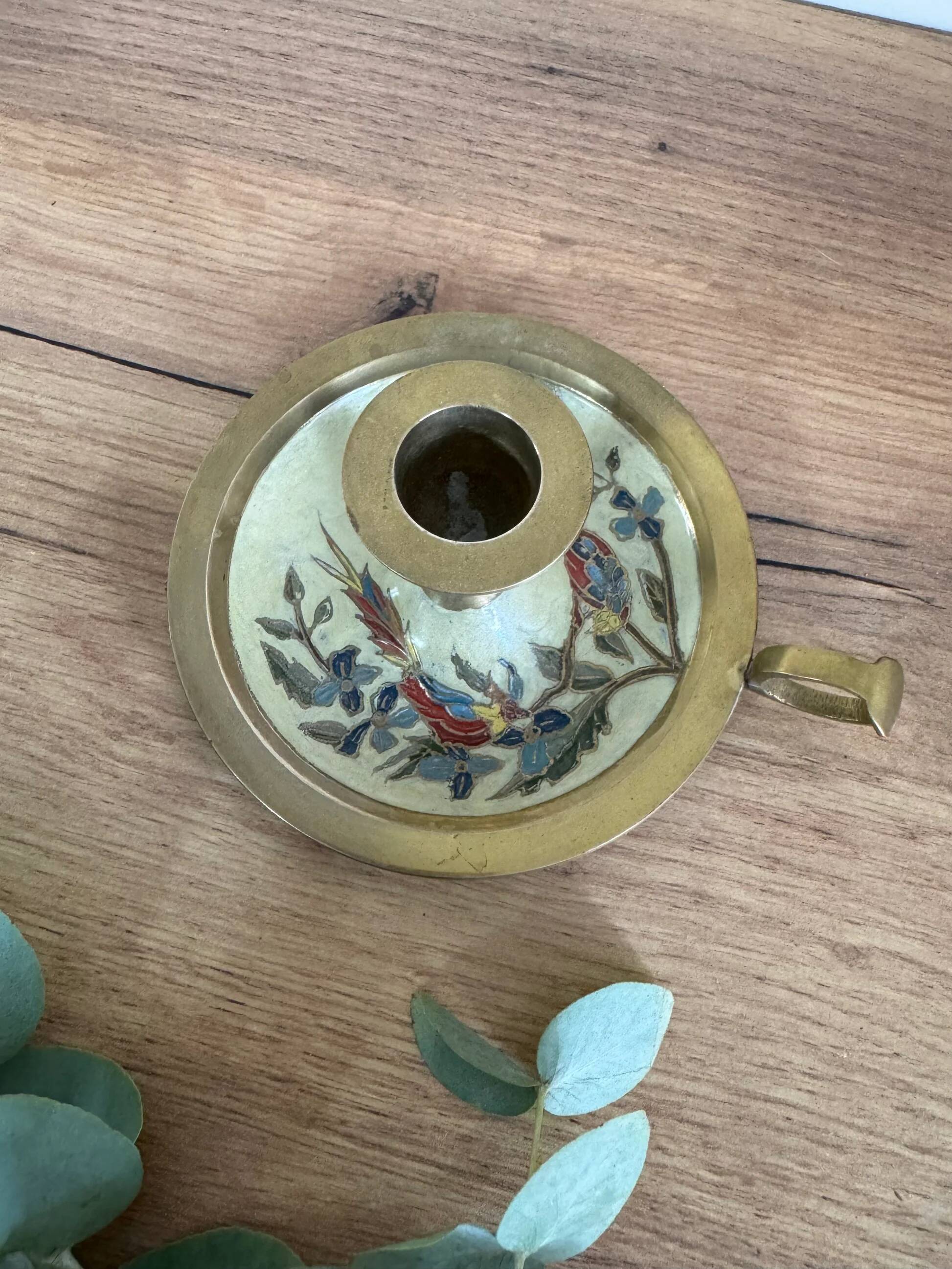 Vintage enamelled brass candlestick