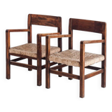 Pair of rustic armchairs in solid wood and straw seats. France, 1940s