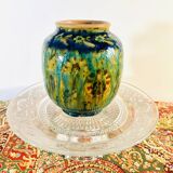 Petit vase en grès vintage dans les teintes vertes, effets craquelés