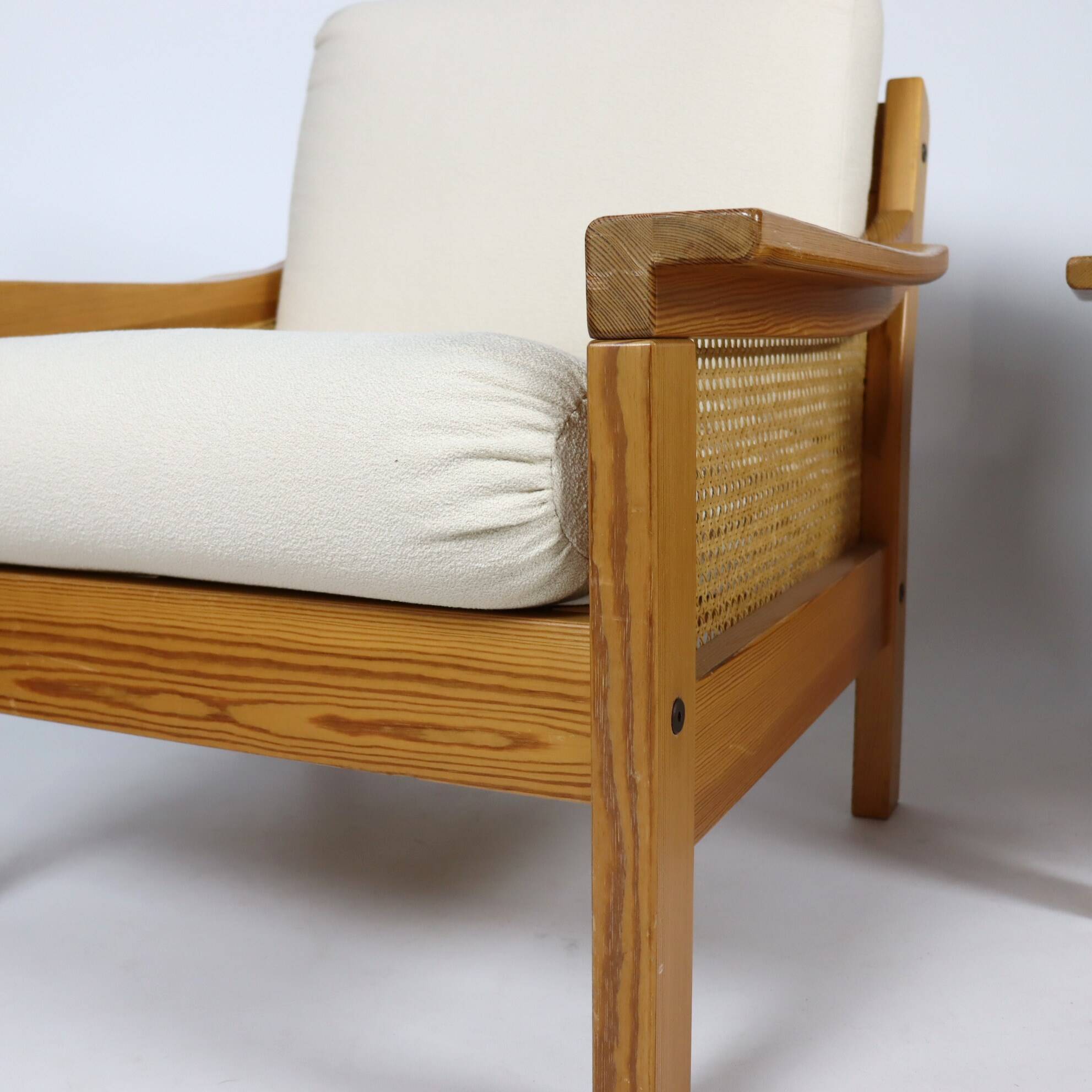 Pair of 70s cane and pine armchairs