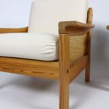 Pair of 70s cane and pine armchairs