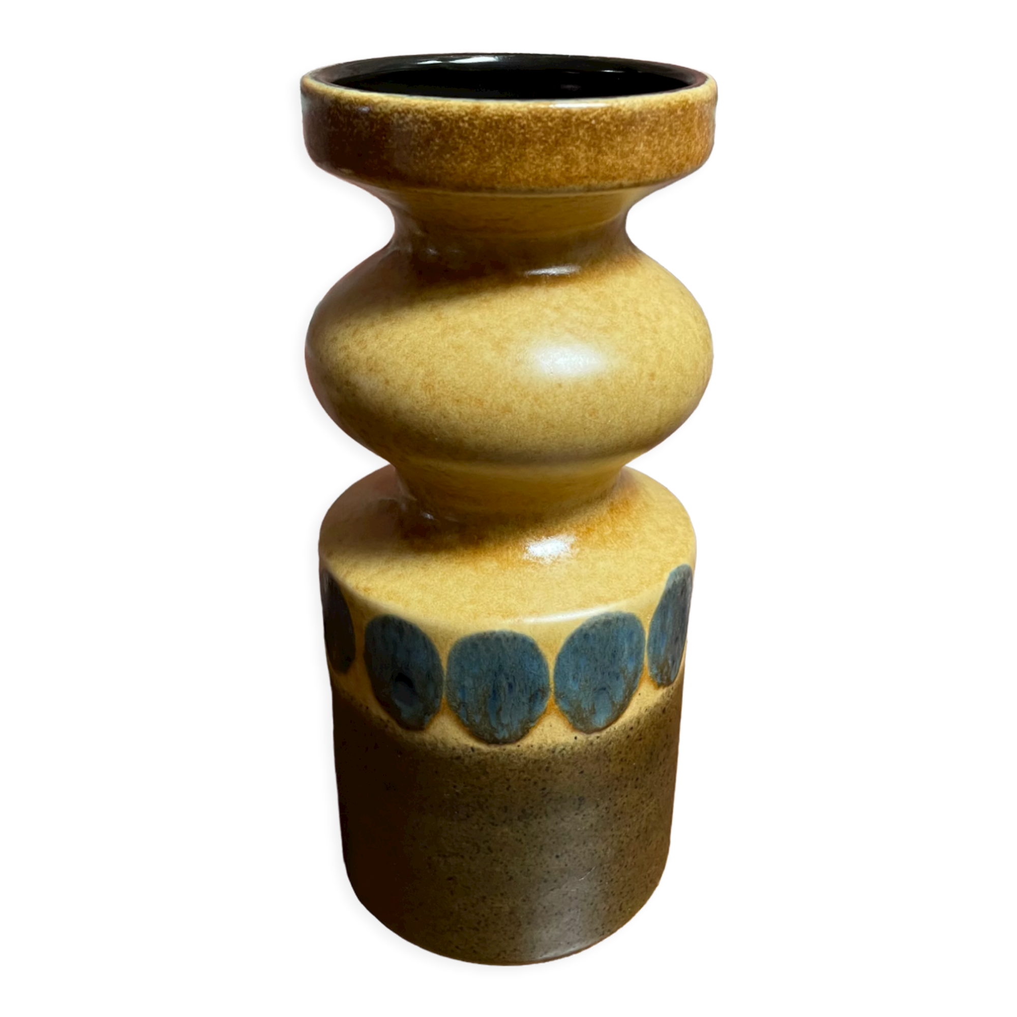 Vase est-allemand de la RDA en jaune, marron et bleu, VEB Haldensleben 3077B,