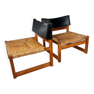 Set of 2 Modernist Oak Leather and Rush Lounge Chairs, 1960s