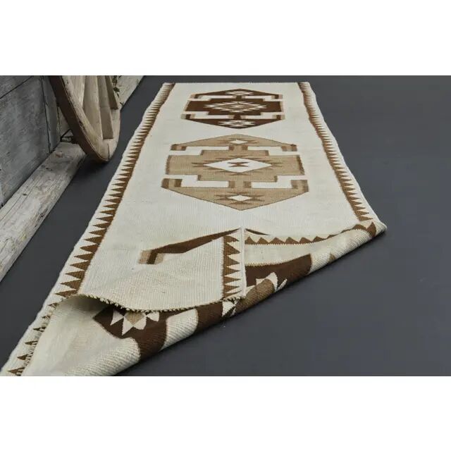 1970s Vintage Turkish Hand-Knotted Wool Cotton Beige Runner Rug 96x343