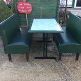Set of two bistro banquettes plus table