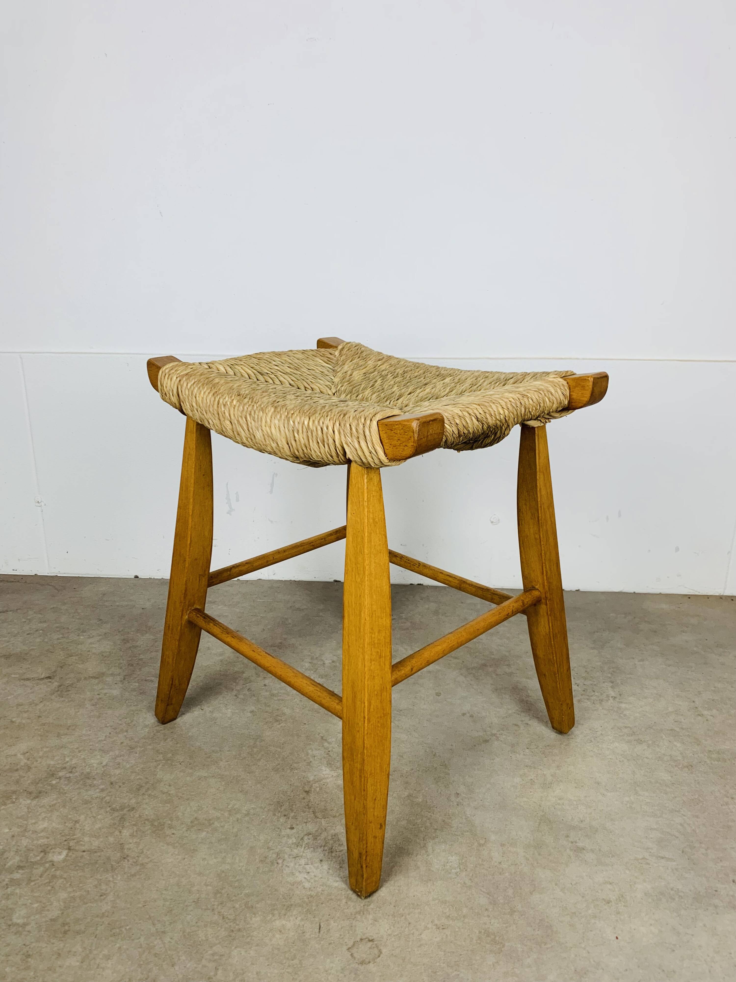 Bull stool straw and wood, Swiss design, 1950s