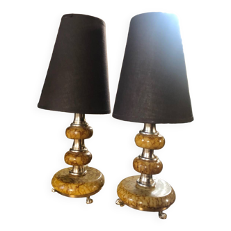 Pair of French boudoir yellow marble effect lamps