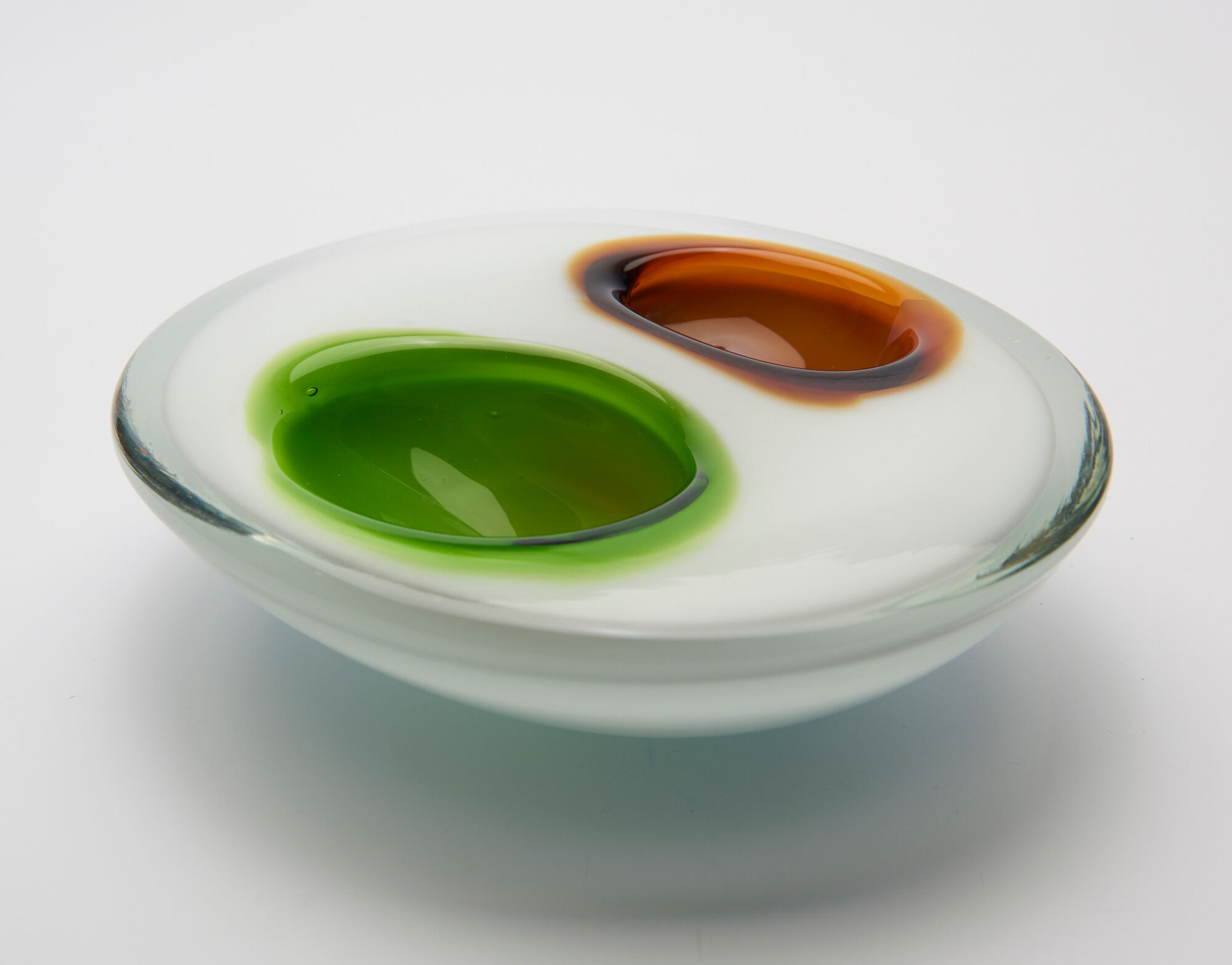 ashtray in white glass and green and orange "bubbles", 70s