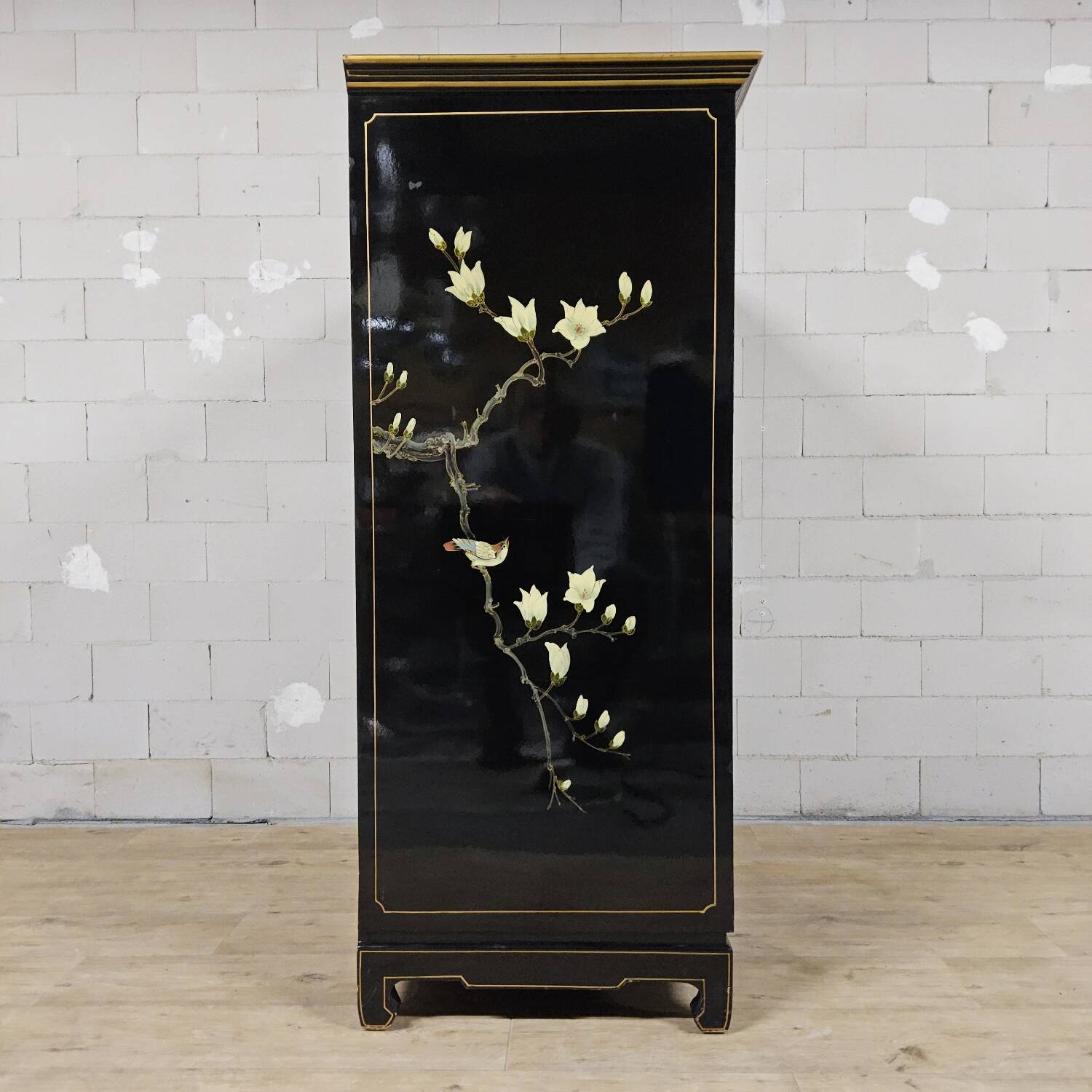 Vintage Chinese black lacquer cabinet with birds and flowers bohemian