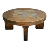 Brutalist coffee table in solid wood and stoneware tiles, circa 1960.