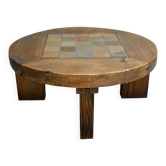 Table basse brutaliste en bois massif et carreaux de grès, vers 1960