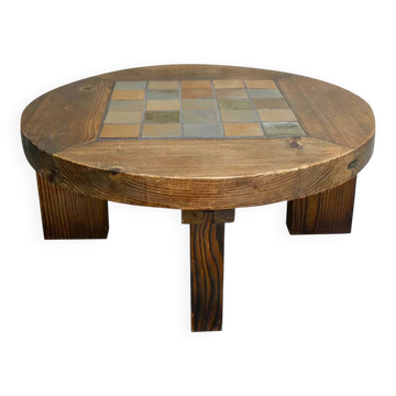Table basse brutaliste en bois massif et carreaux de grès, vers 1960