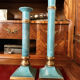 Exceptional pair of large candlesticks in patinated greenish-blue brass.