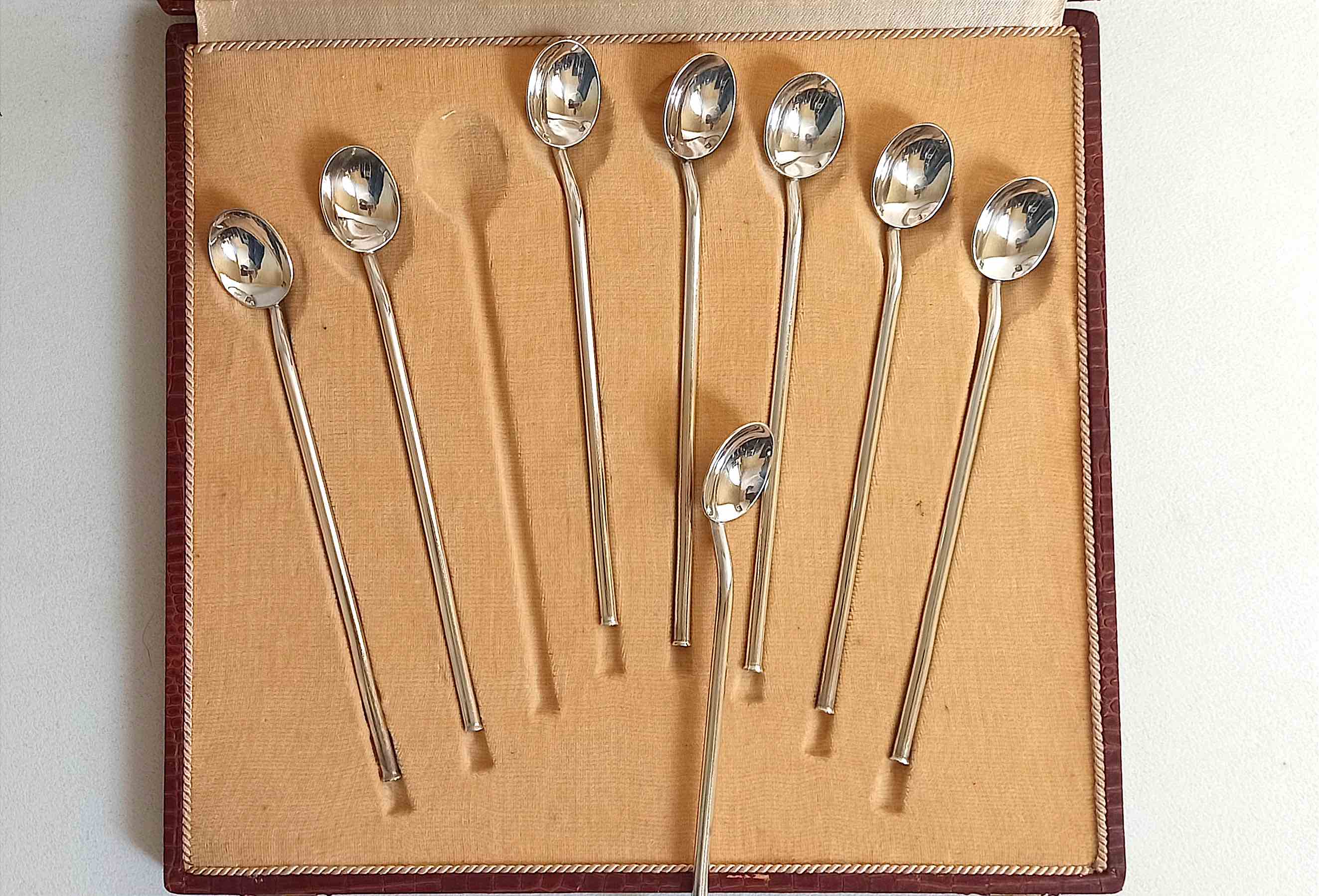 Box of 8 spoons silver metal cocktail straw 30s