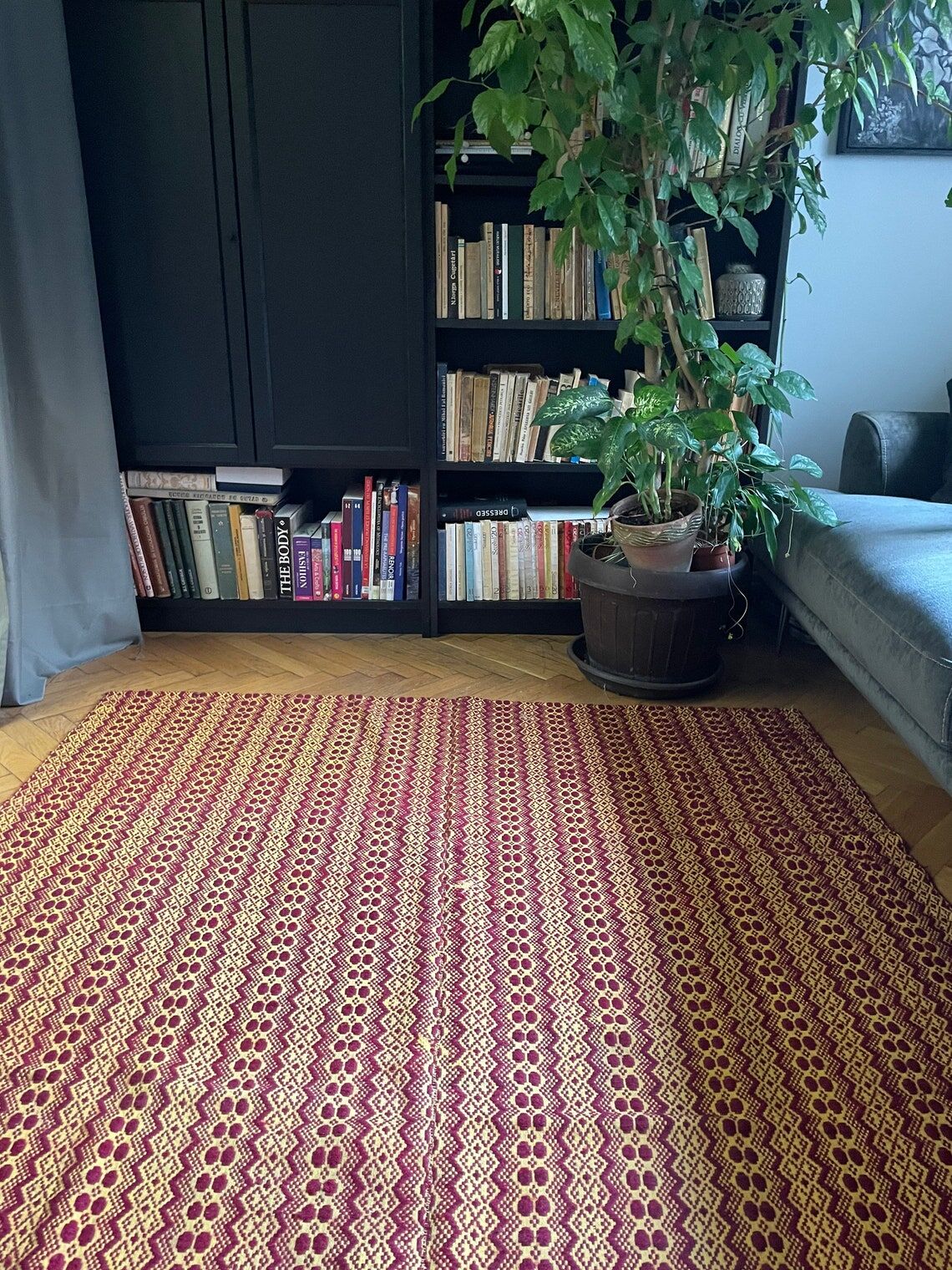 Vintage Romanian carpet brown design on yellow background 217x146cm