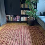 Vintage Romanian carpet brown design on yellow background 217x146cm
