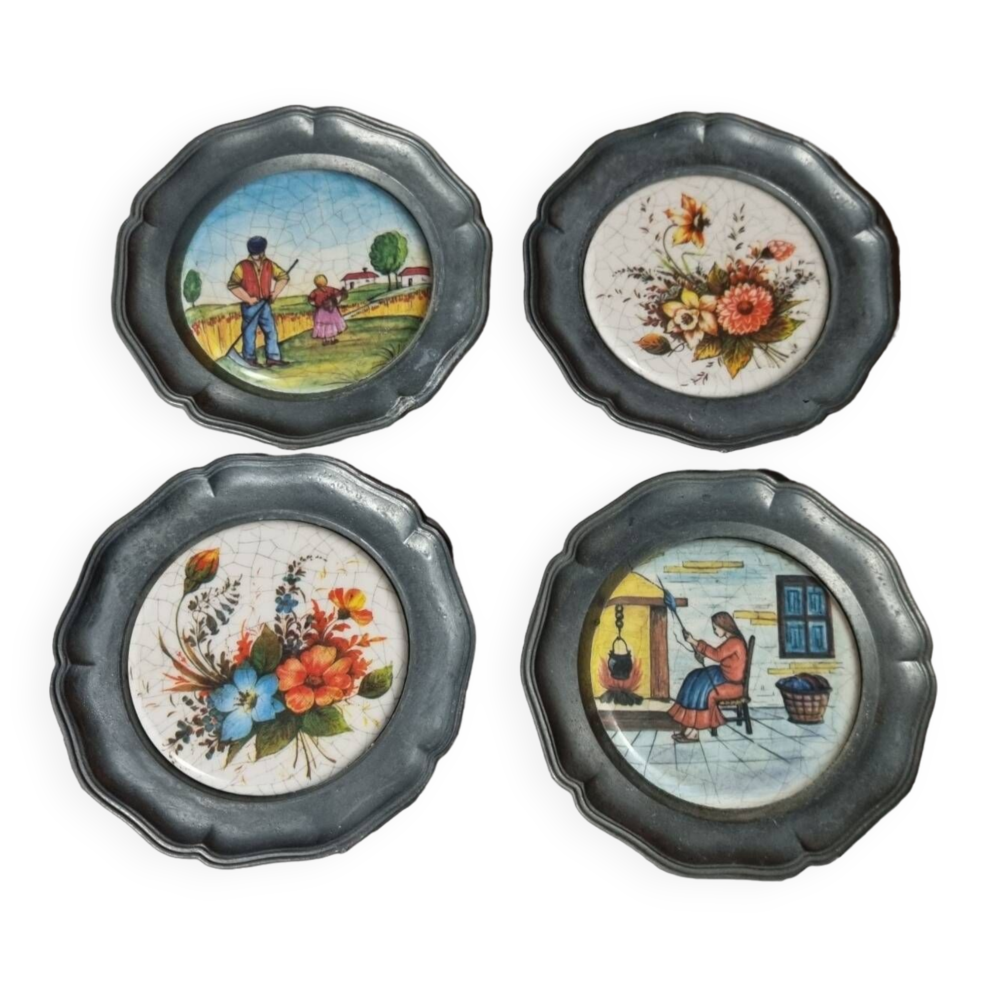 Set of 4 pewter and porcelain coasters from the 1960s/70s (see above for vintage).
