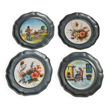 Set of 4 pewter and porcelain coasters from the 1960s/70s (see above for vintage).