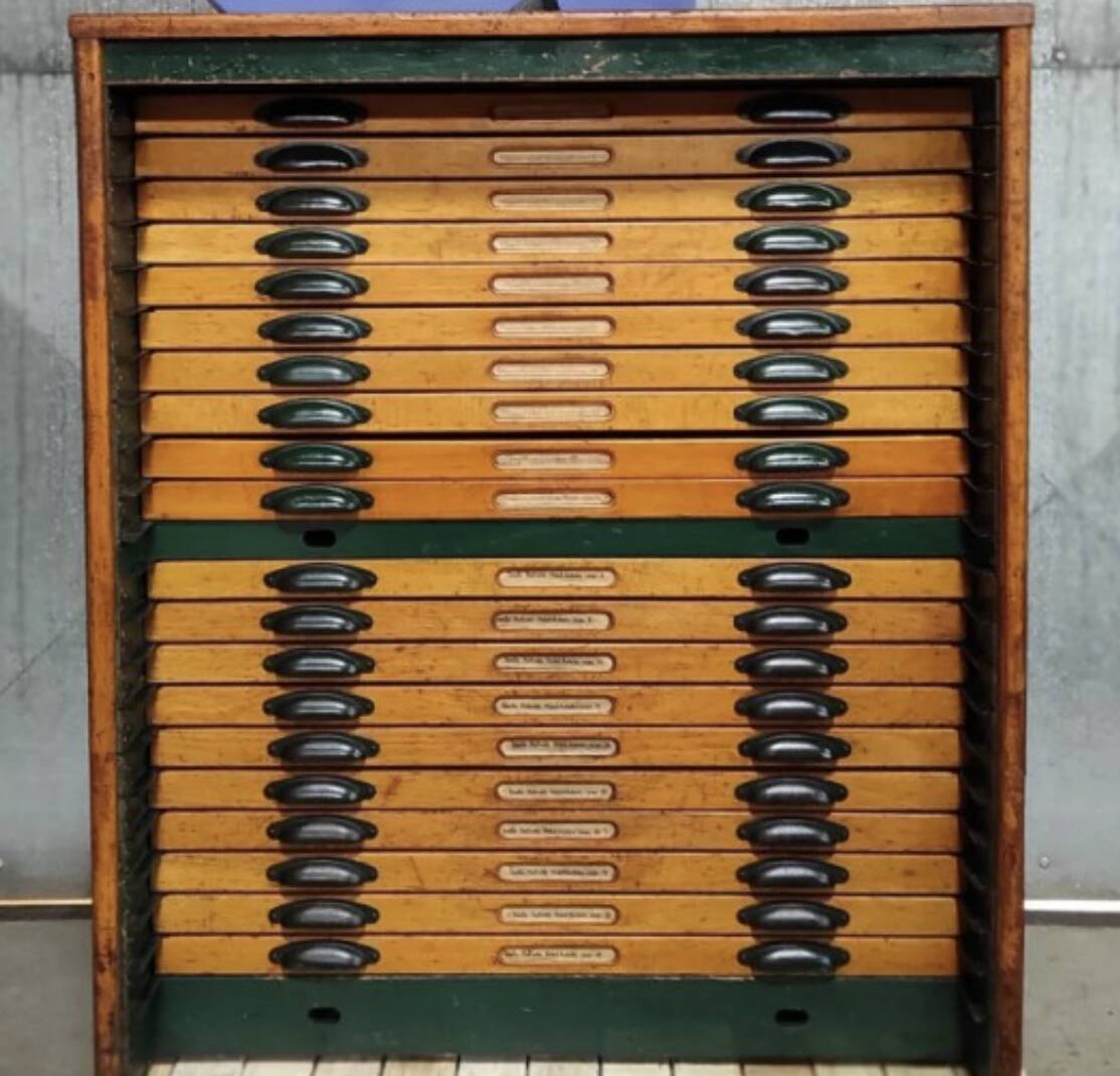 Vintage Printer’s Type Cabinet | Industrial Storage | Original Lead Letters