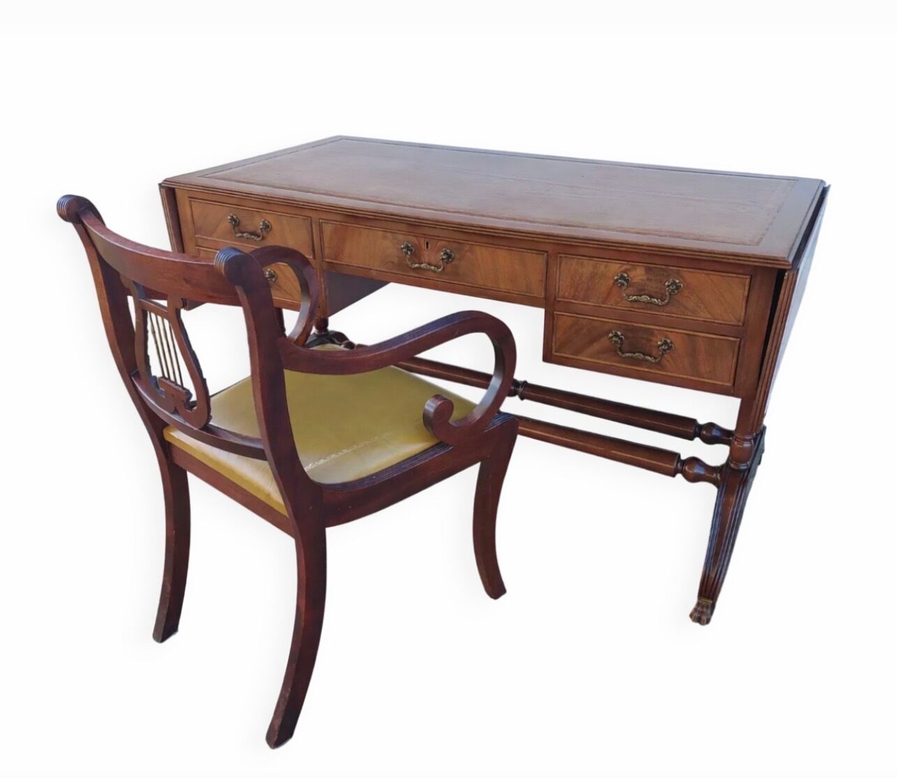 English desk and lyre chair, leather, extensions.