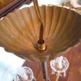 Suspension 5 feux, métal doré, coupelles en verre agrémentées de pampilles en verre