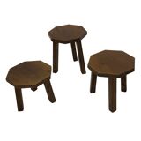 Tables d'appoint hexagonales brutalistes en chêne, années 1950, lot de 3
