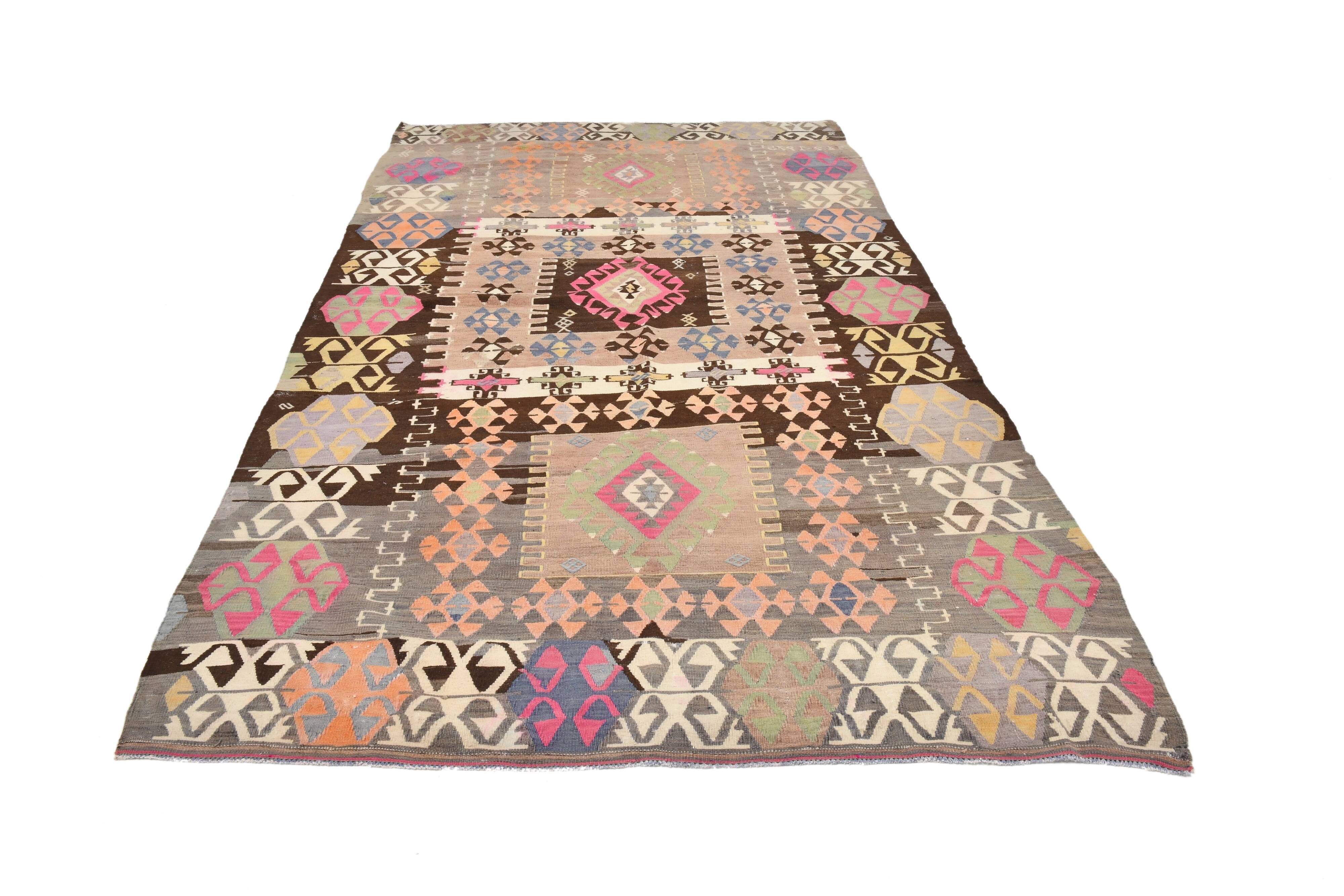 5x10 Long Wide Brown & Pink Tribal Vintage Kilim Rug, 163x298Cm