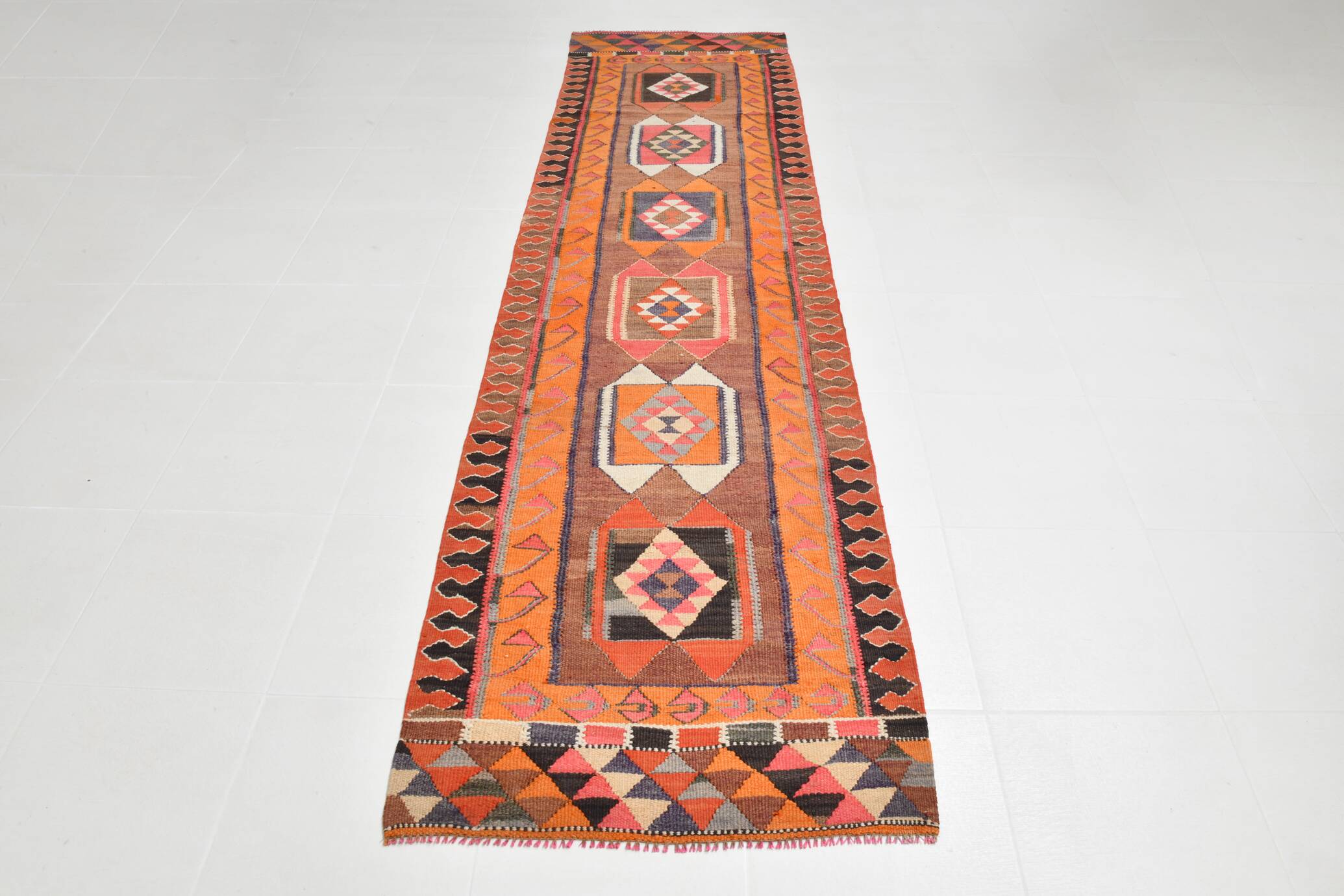 3x11 Orange & Brown Kilim Runner Rug, 88x330Cm