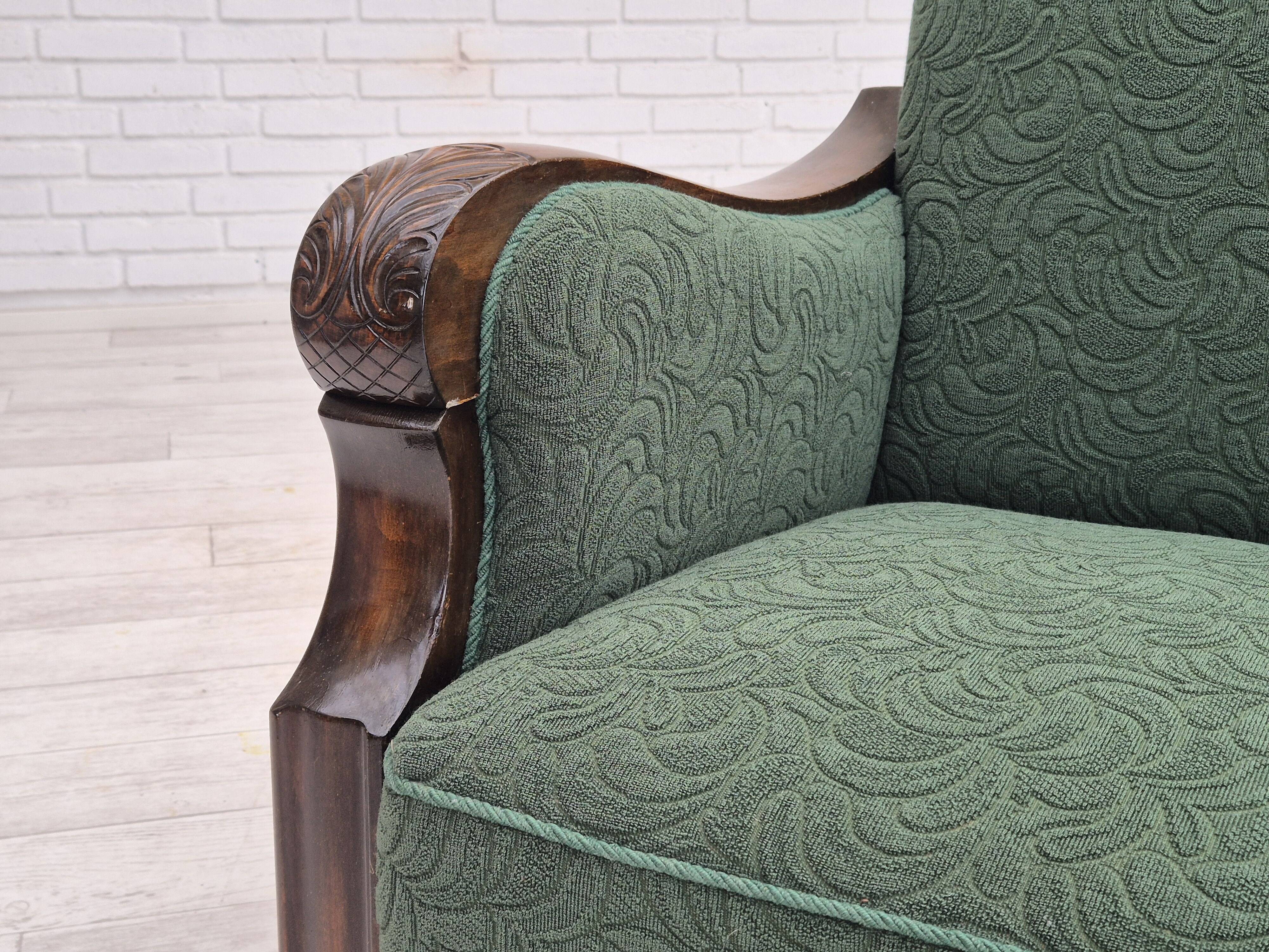 1950s, 3-seater sofa, green furniture blend wool, beech wood.