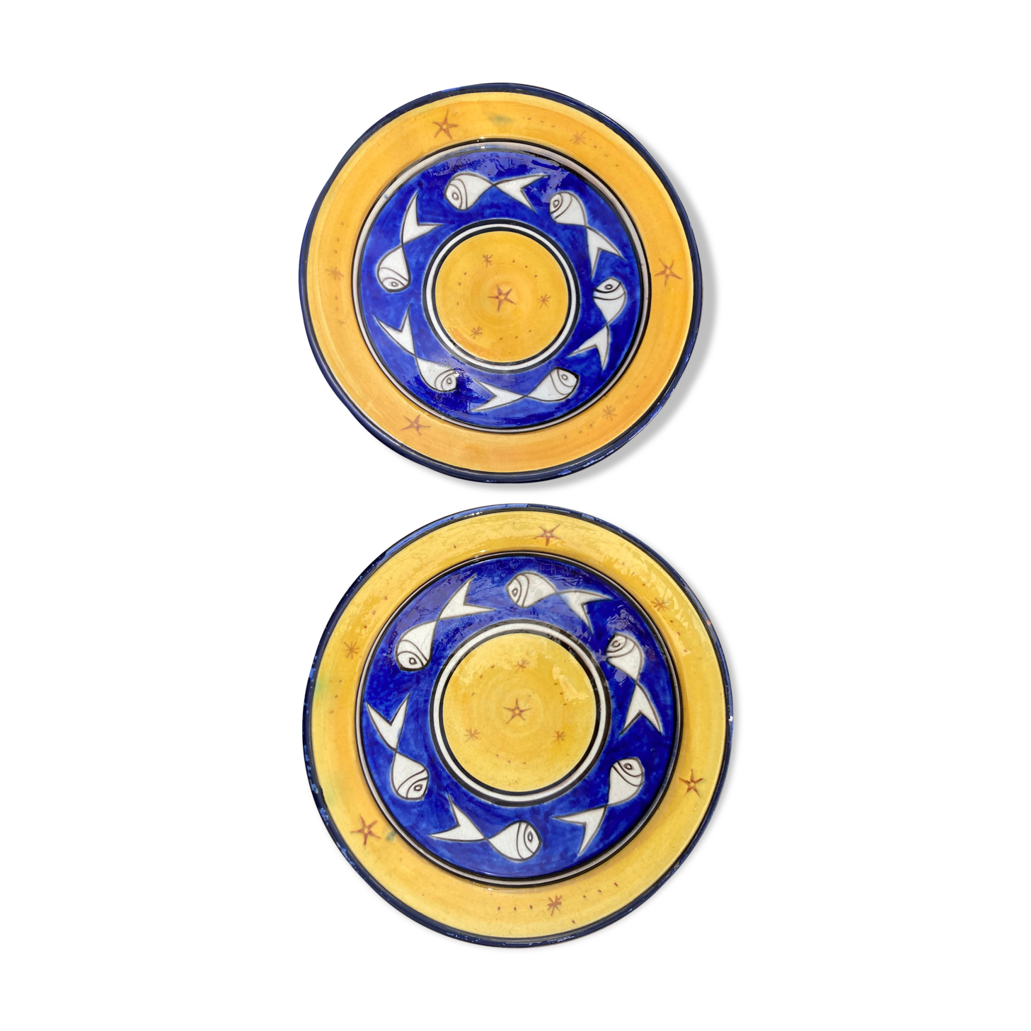 Pair of dishes Safi Dmani ethnic ceramic fish yellow and blue - vintage pottery