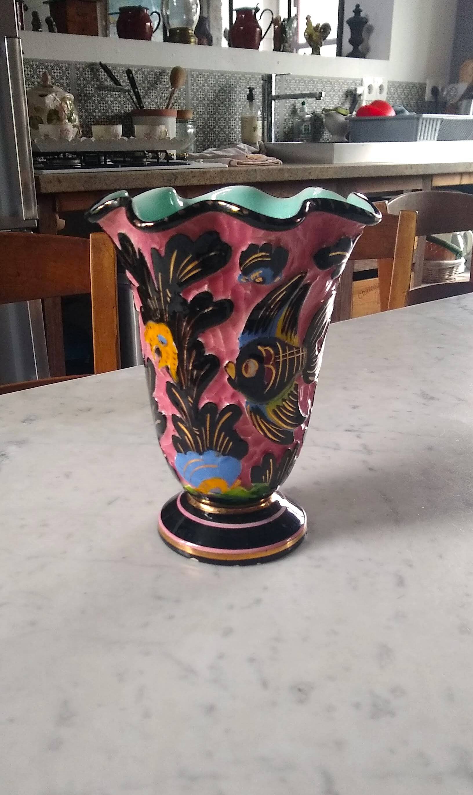 Vallauris vase signed Monaco with fish decoration