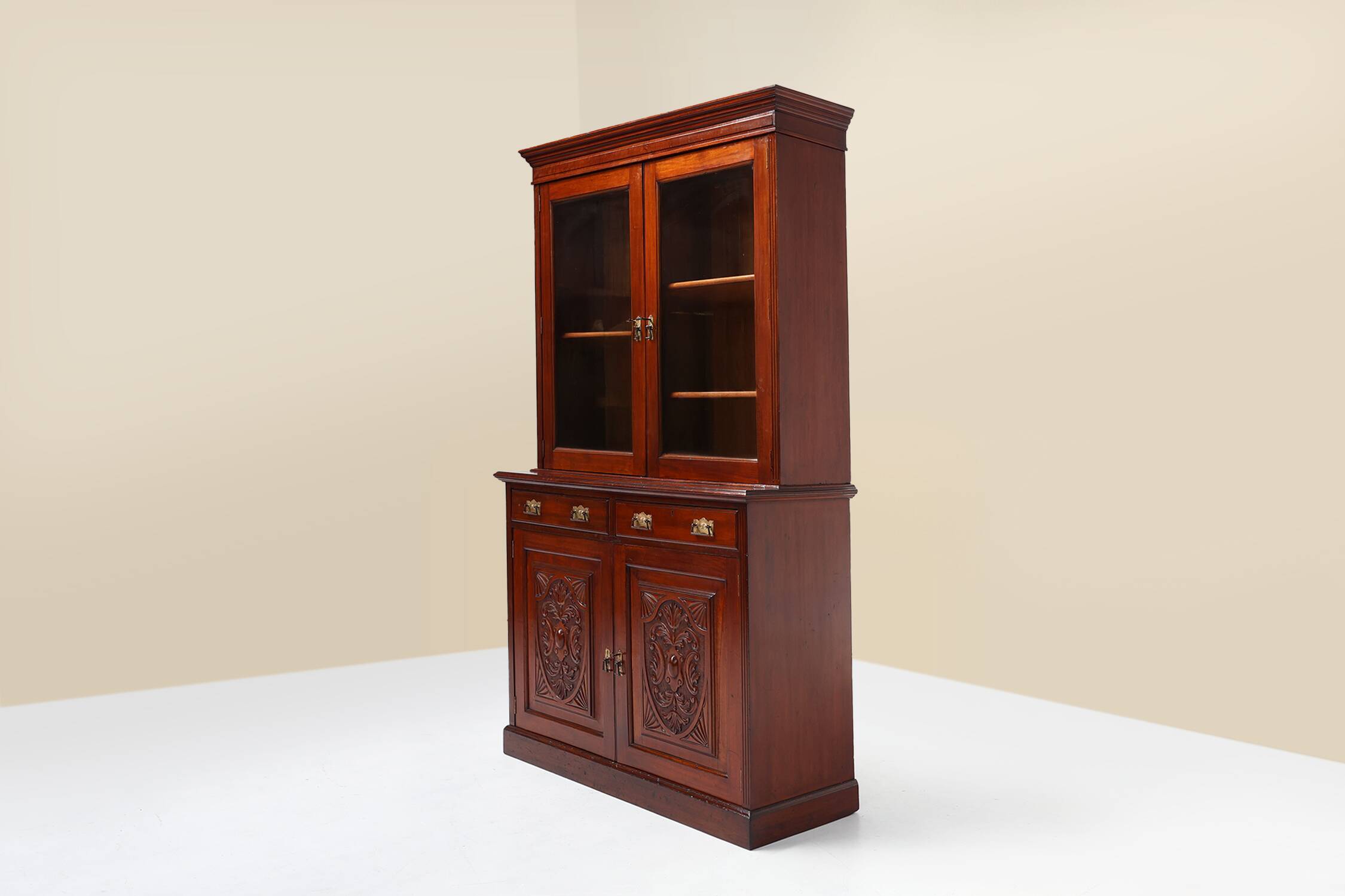 Art Nouveau Display Cabinet or Bookcase in oak with carvings and glass door