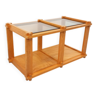 Vintage rectangular coffee table in pine and smoked glass from the 70s and 80s.
