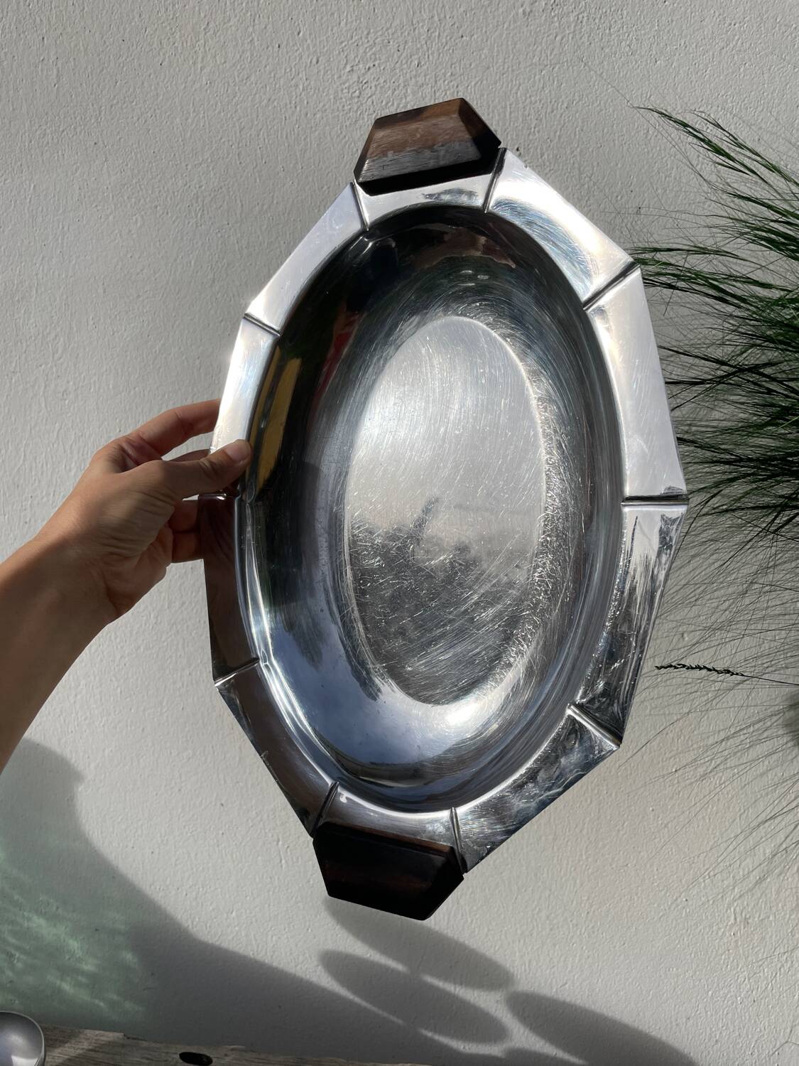 Art Deco silver-plated metal and wood dish
