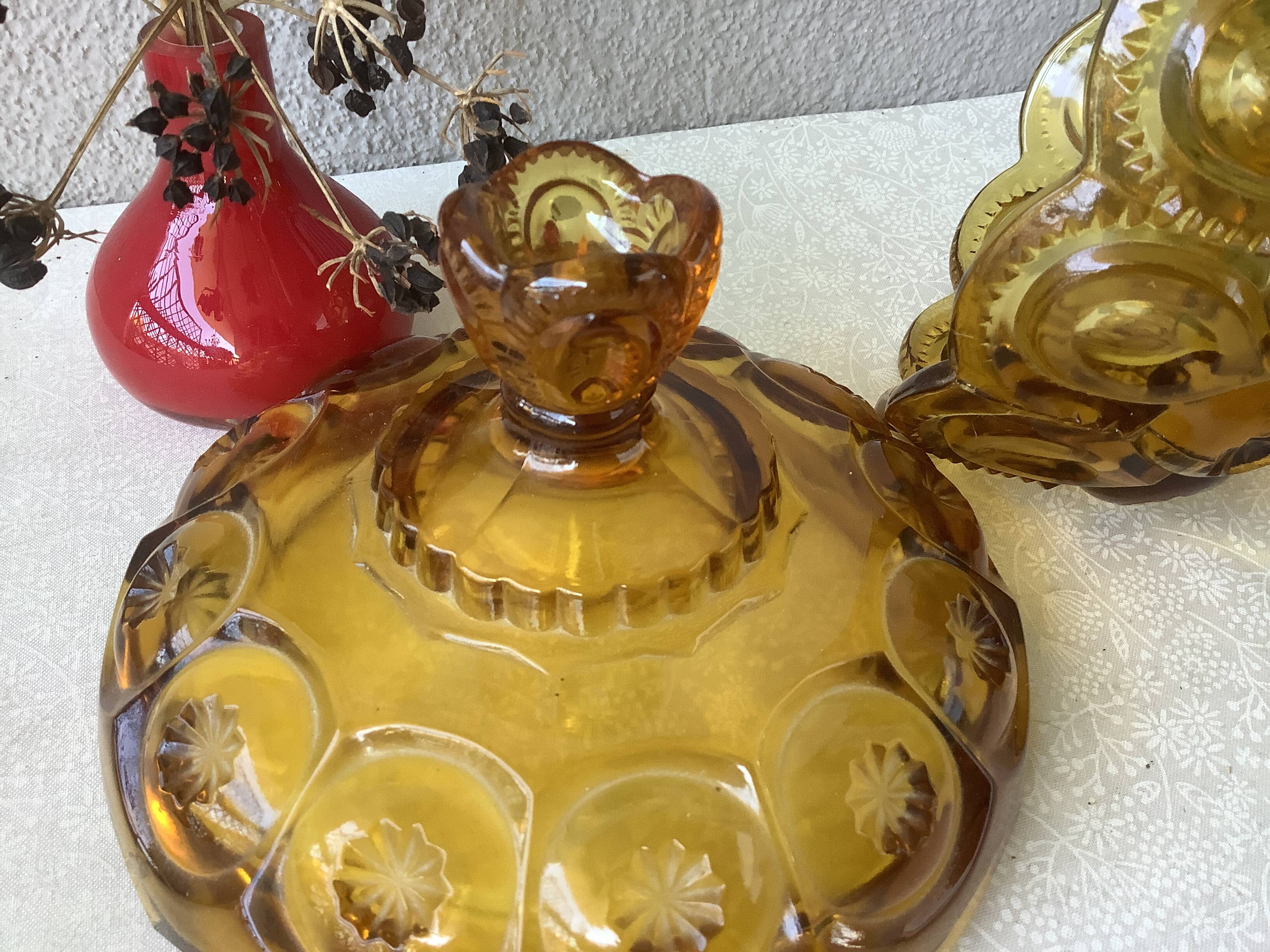 Bonbonnière à compote en verre moulé ambré l.e. moon & stars, piédestal