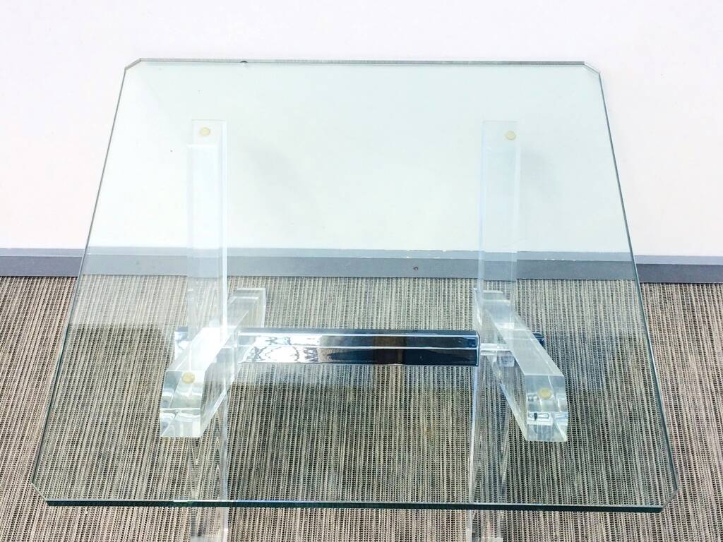 Square coffee table ' Trestles '. Plexi & glass. Vintage 80s