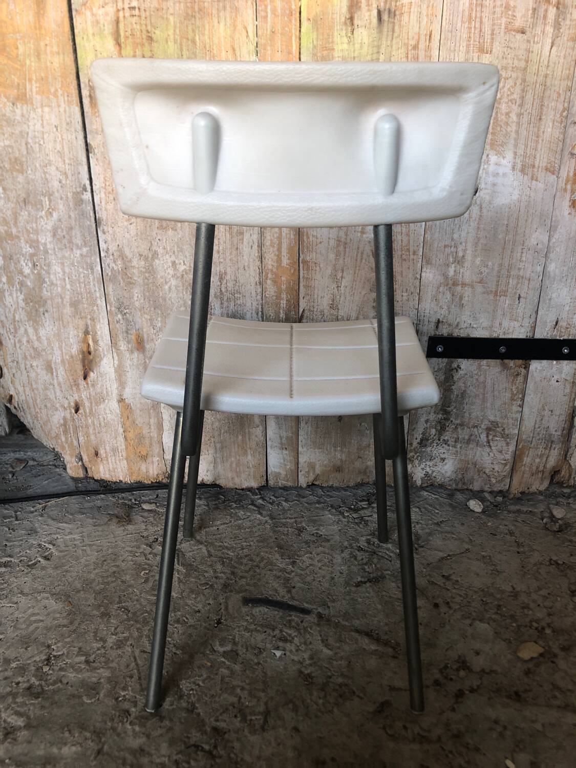 Gray metal children's chair + vintage white plastic seat & back