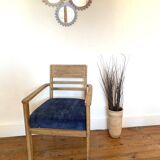 Art Deco armchair in solid wood and blue corduroy fabric