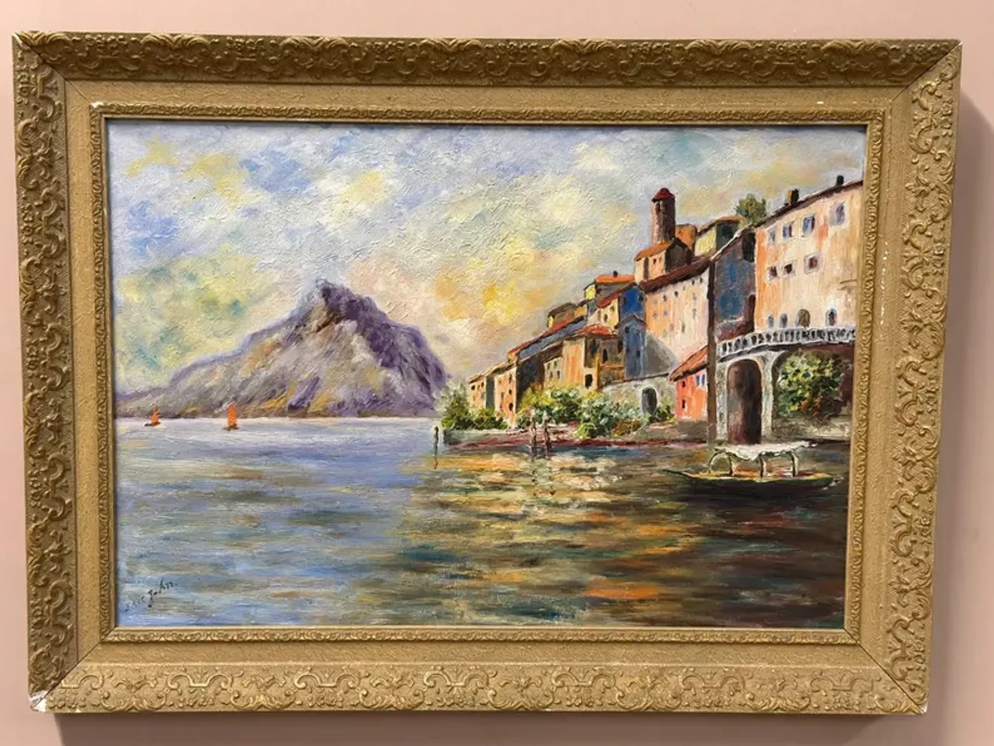 Original Swedish Oil on Canvas – “City and the Lake” by Eric Johan – Vintage & Framed